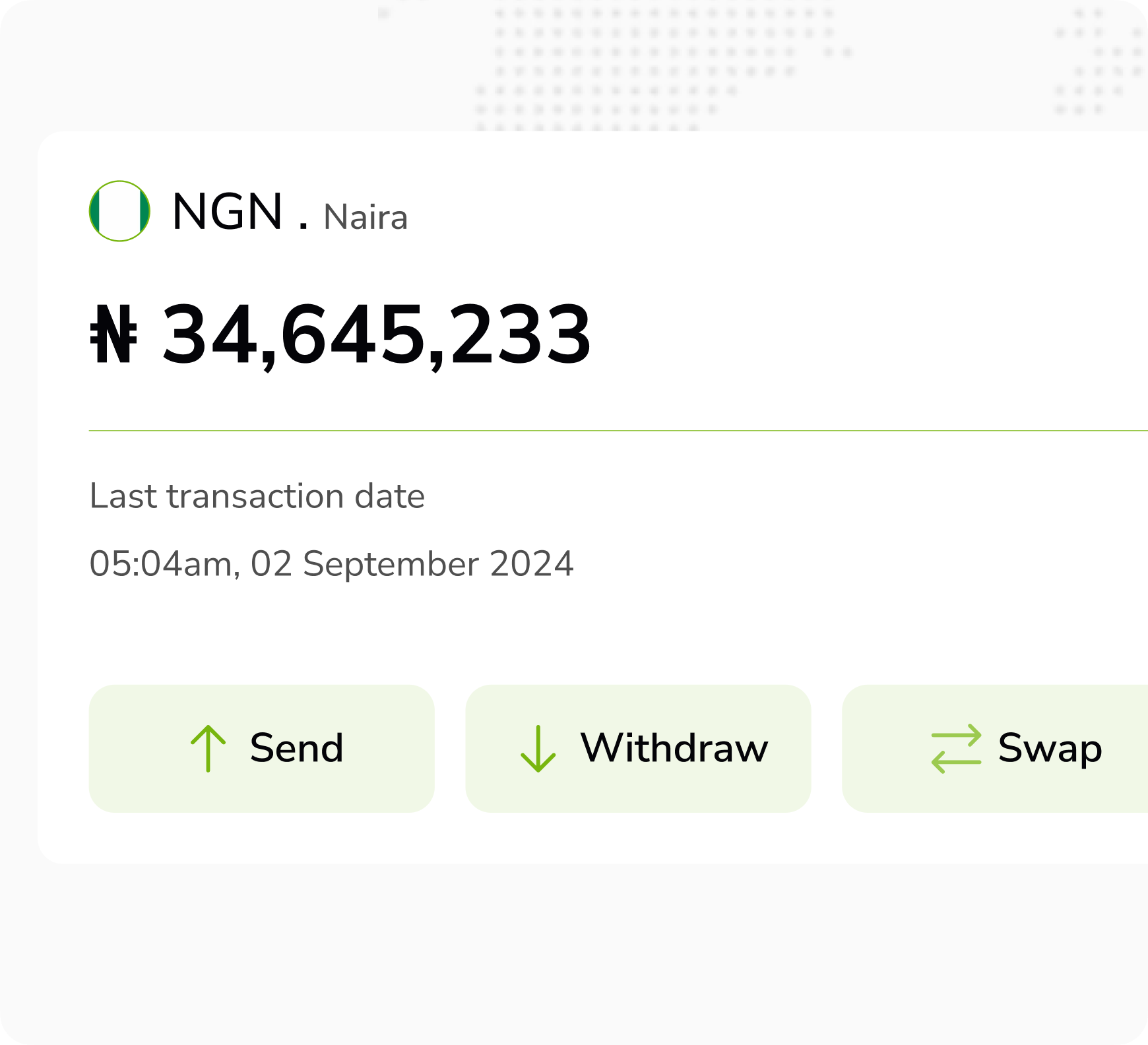 Currency card showing balances in USD, GBP, EUR, NGN