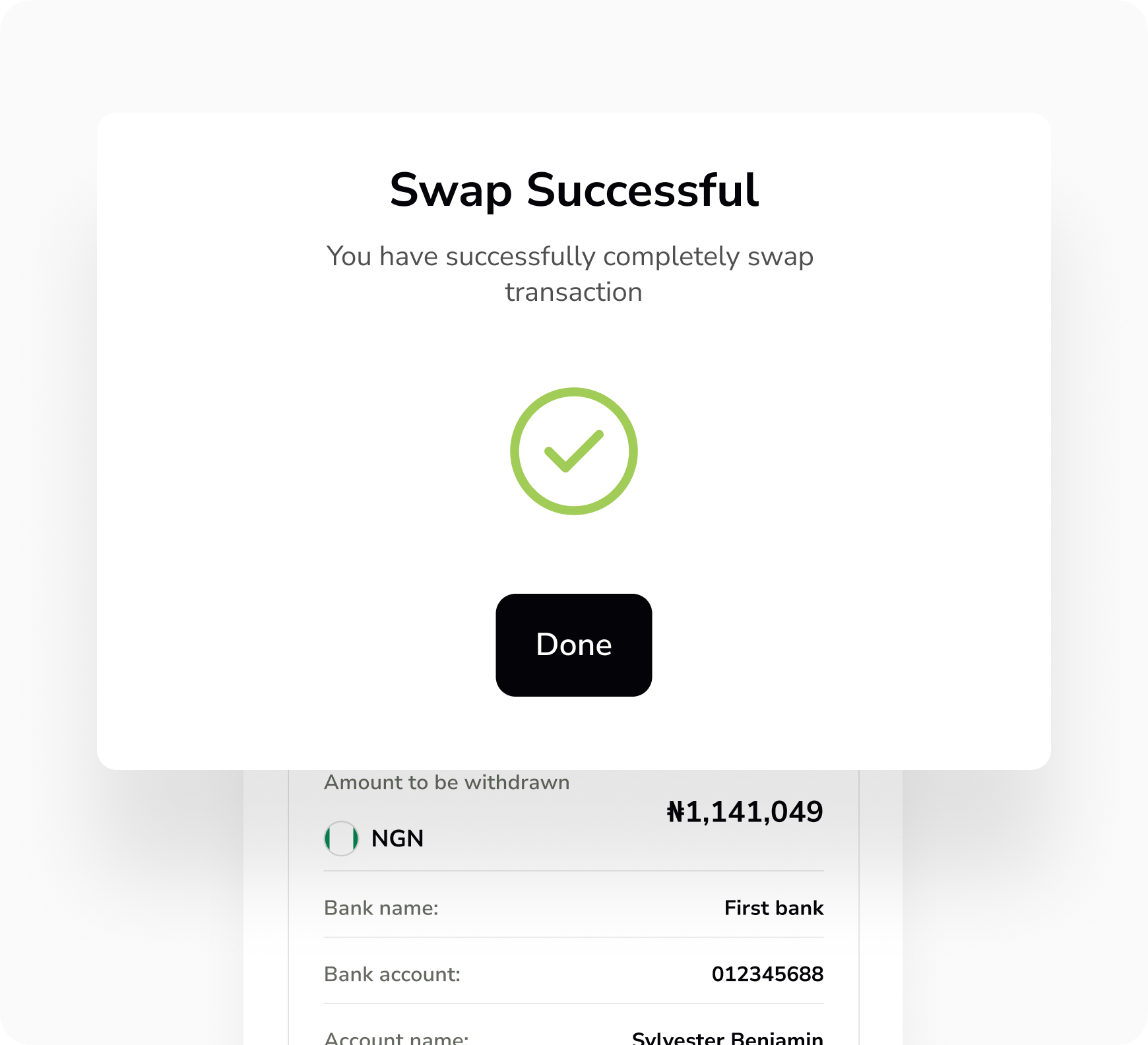 Mobile UI showing withdrawal form and confirmation details