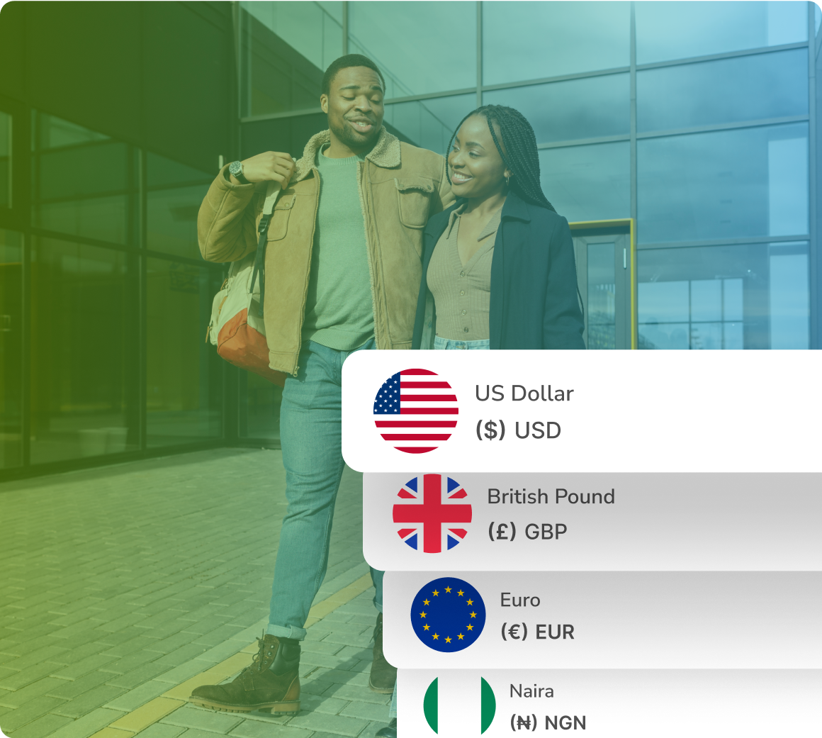 Currency card showing balances in USD, GBP, EUR, NGN