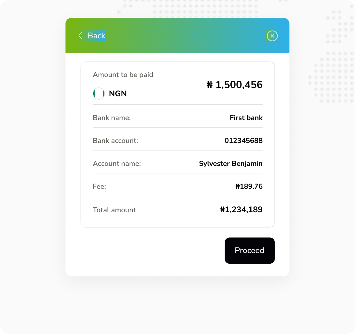With Named Payout user interface showing transaction details